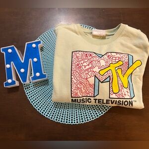 MTV Crew Neck Sweater Mint Green Medium Classic Logo Graphic on Front & Sleeve,